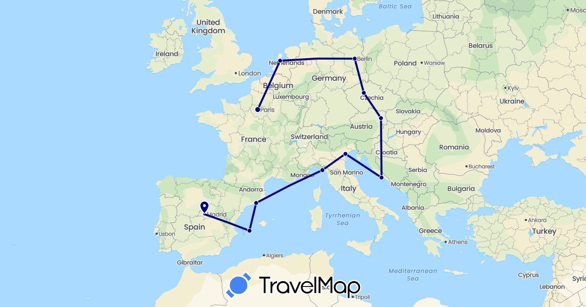 TravelMap itinerary: driving in Austria, Czech Republic, Germany, Spain, France, Croatia, Italy, Netherlands (Europe)